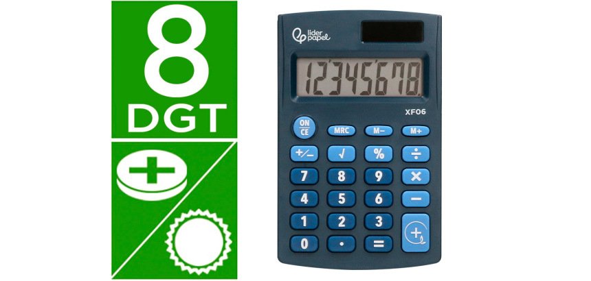 Calculadora liderpapel bolsillo xf06 8 digitos solar y pilas color azul 98x62x8 mm
