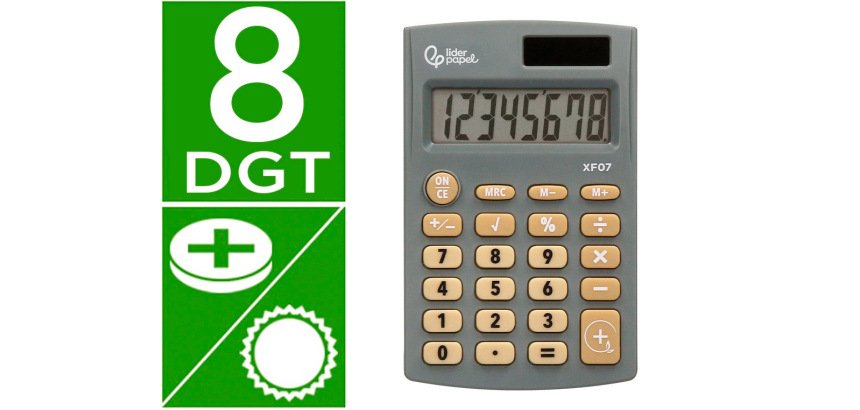 Calculadora liderpapel bolsillo xf07 8 digitos solar y pilas color gris 98x62x8 mm