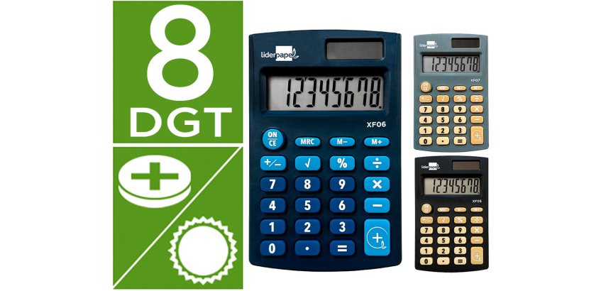 Calculadora liderpapel expositor 16 unidades colores bolsillo xf08 8 digitos solar y pilas 98x62x8 mm
