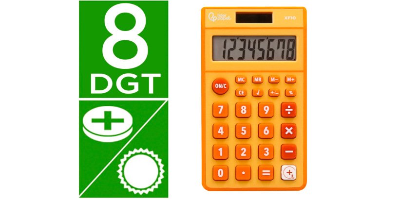 Calculadora liderpapel bolsillo xf10 8 digitos solar y pilas color naranja 115x65x8 mm