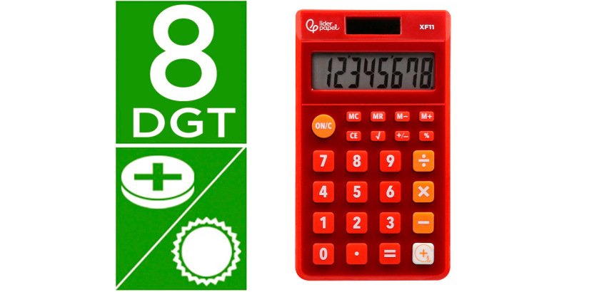 Calculadora liderpapel bolsillo xf11 8 digitos solar y pilas color rojo 115x65x8 mm