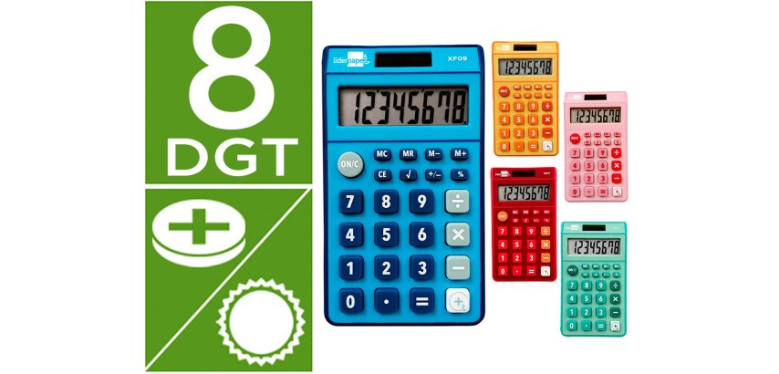 Calculadora liderpapel bolsillo xf14 8 digitos solar y pilas 115x65x8 mm expositor de 16 unidades colores