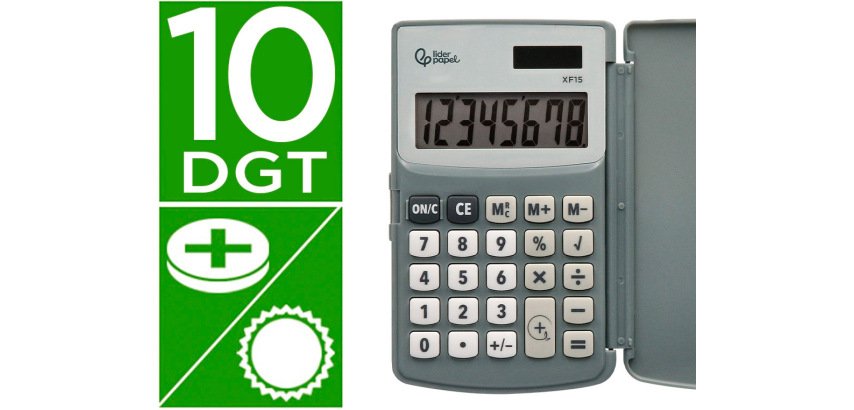Calculadora liderpapel bolsillo xf15 10 digitos con tapa solar y pilas color gris 123x75x12 mm