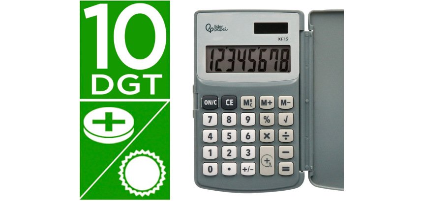 Calculadora liderpapel bolsillo xf15 10 digitos con tapa solar y pilas color gris 123x75x12 mm