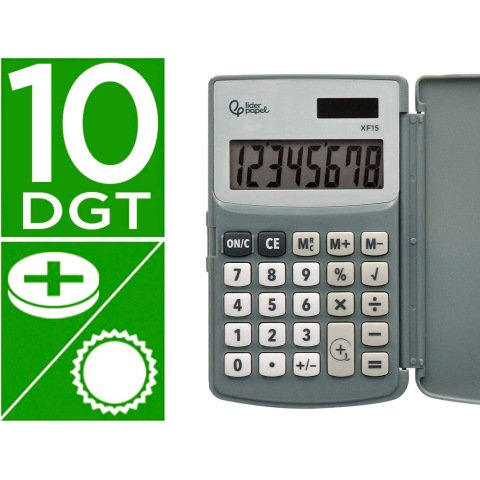 Calculadora liderpapel bolsillo xf15 10 digitos con tapa solar y pilas color gris 123x75x12 mm