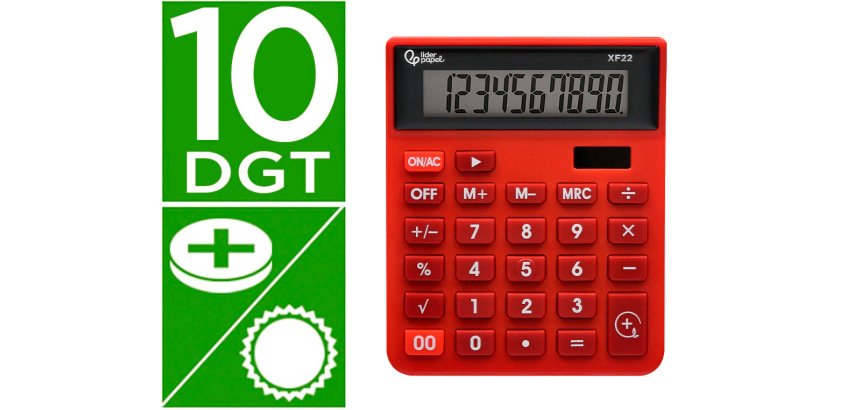 Calculadora liderpapel sobremesa xf22 10 digitos solar y pilas color rojo 127x105x24 mm