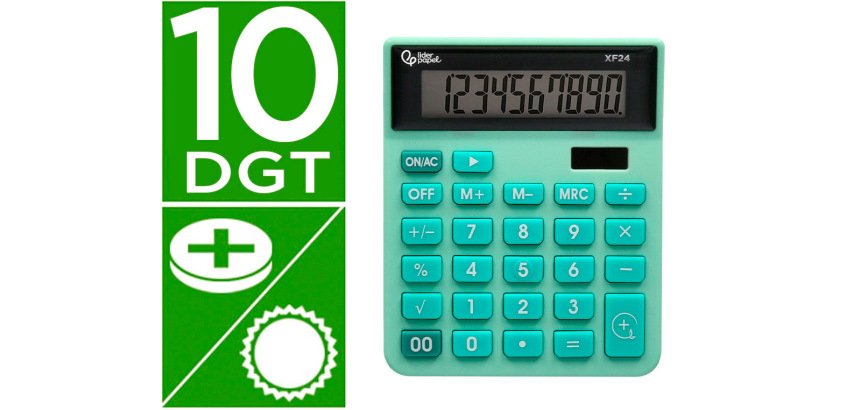 Calculadora liderpapel sobremesa xf24 10 digitos solar y pilas color verde 127x105x24 mm