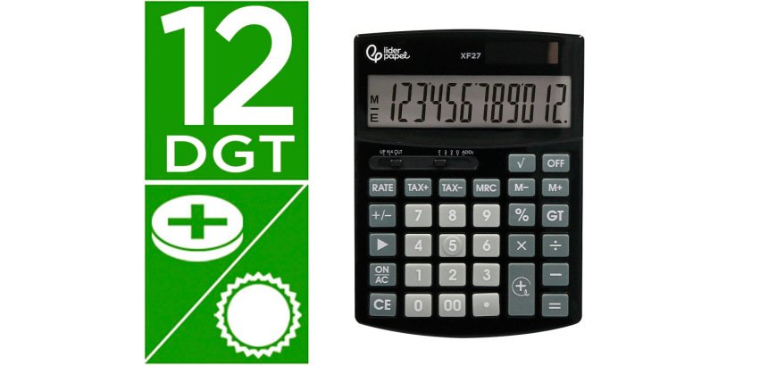 Calculadora liderpapel sobremesa xf27 12 digitos tasas solar y pilas color negro 155x115x25 mm