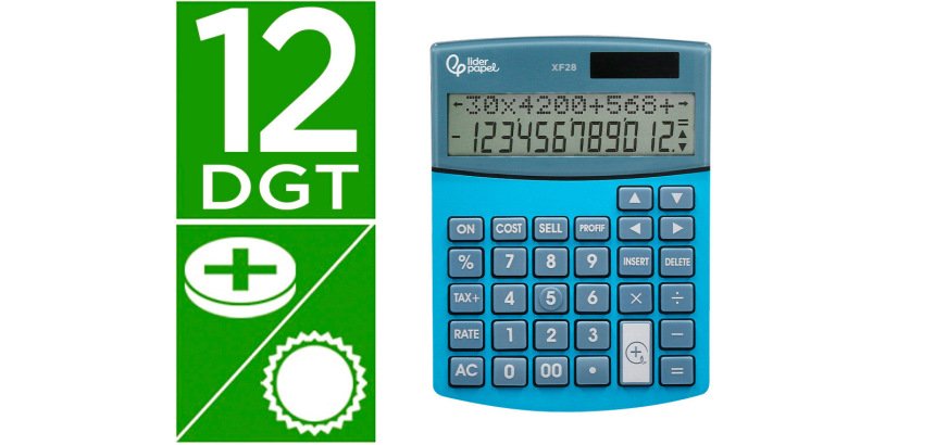 Calculadora liderpapel sobreme sa xf28 12 digitos dos lineas coste venta margen y tasas solar y pilas azul 155x115x25 mm