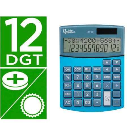 Calculadora liderpapel sobreme sa xf28 12 digitos dos lineas coste venta margen y tasas solar y pilas azul 155x115x25 mm