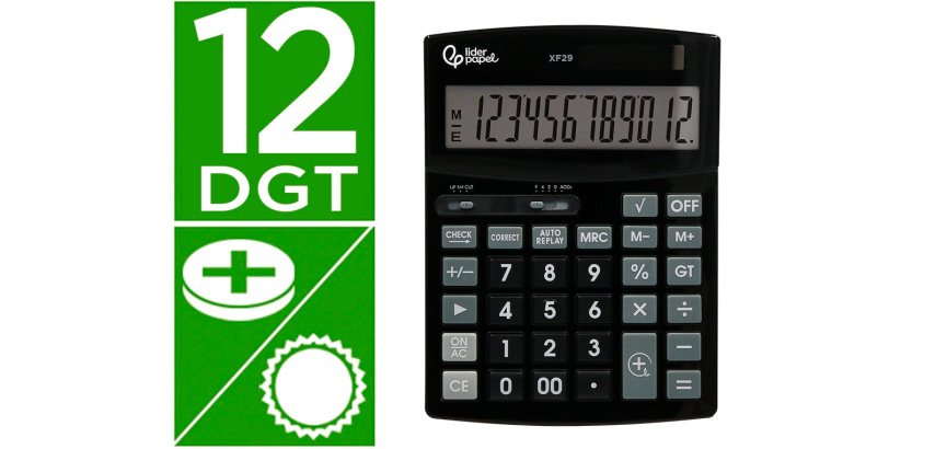 Calculadora liderpapel sobremesa xf29 12 digitos solar y pilas color negro 190x140x30 mm