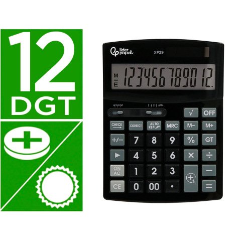 Calculadora liderpapel sobremesa xf29 12 digitos solar y pilas color negro 190x140x30 mm