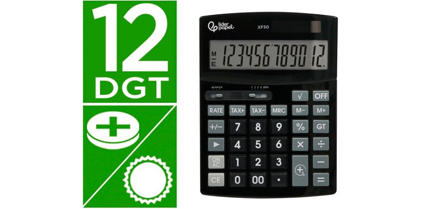 Calculadora liderpapel sobremesa xf30 12 digitos tasas solar y pilas color negro 190x140x30 mm