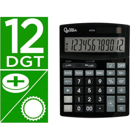 Calculadora liderpapel sobremesa xf30 12 digitos tasas solar y pilas color negro 190x140x30 mm