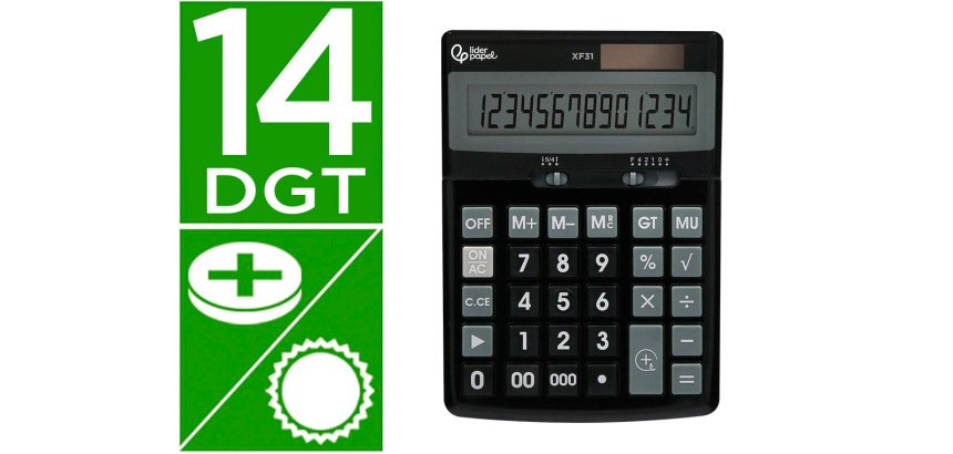 Calculadora liderpapel sobremesa xf31 14 digitos solar y pilas color negro 170x122x35 mm
