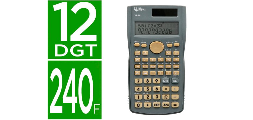 Calculadora liderpapel cientifica xf34 12 digitos 240 funciones con tapa solar y pilas color gris 156x85x20
