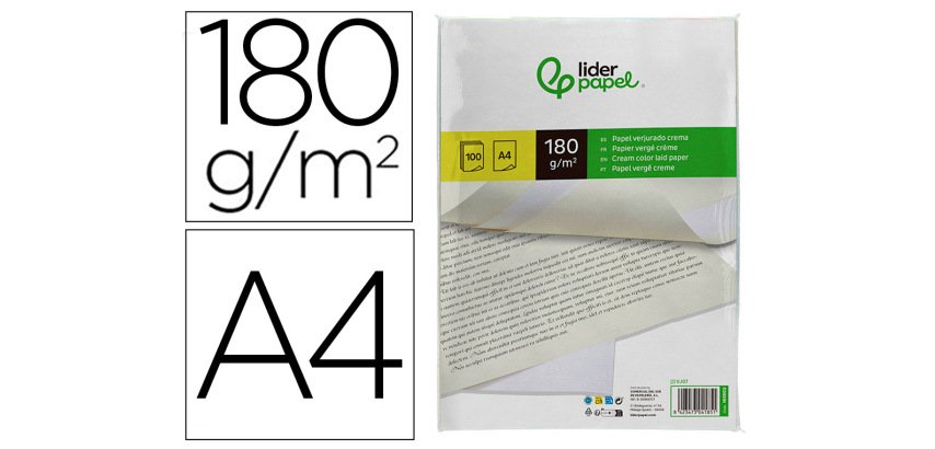 Papel verjurado liderpapel din a4 180g/m2 crema paquete de 100 hojas