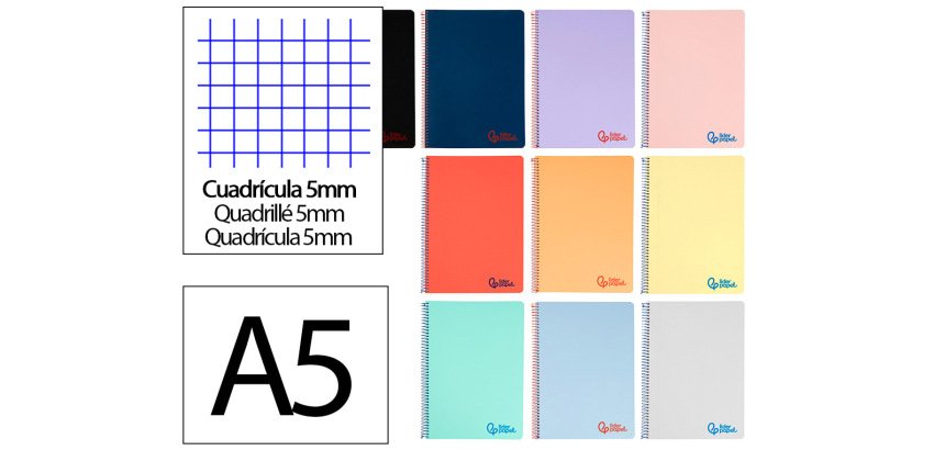 Cuaderno espiral liderpapel a5 wonder tapa plastico 80h 90gr cuadro 5mm con margen colores surtidos