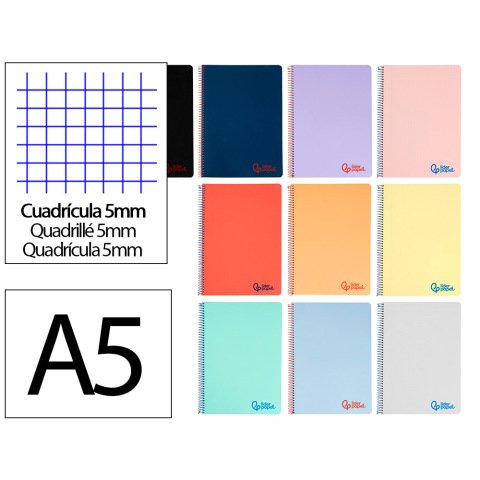 Cuaderno espiral liderpapel a5 wonder tapa plastico 80h 90gr cuadro 5mm con margen colores surtidos