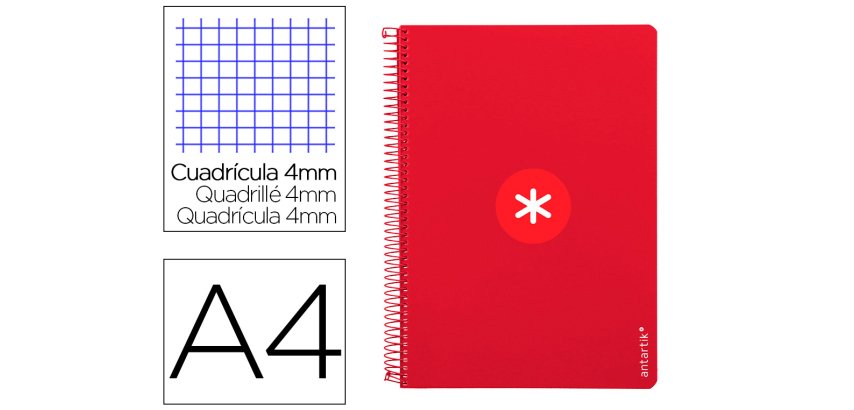 Cuaderno espiral a4 antartik tapa dura 80h 90gr cuadro 4mm con margen color frambuesa