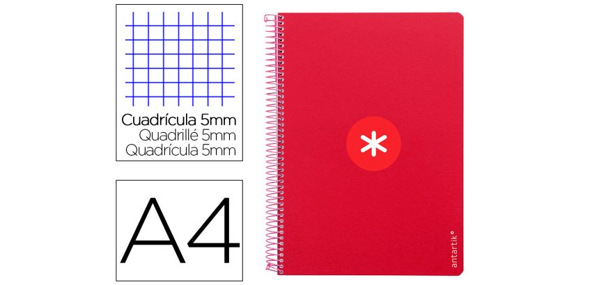 Cuaderno espiral antartik a4 micro tapa dura 80h 100gr cuadro 5mm sin banda4 taladros color frambuesa