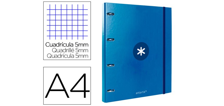 Carpeta con recambio antartik a4 cuadro 5mm forrada 4 anillas 25mm redondas color azul marino