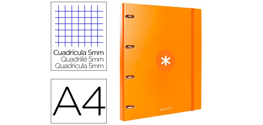 Carpeta con recambio antartik a4 cuadro 5mm forrada 4 anillas 25mm redondas color mostaza