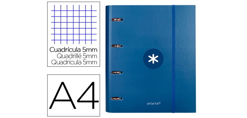 Carpeta con recambio antartik a4 cuadro 5mm forrada 4 anillas 40mm redondas con solapa color azul marino