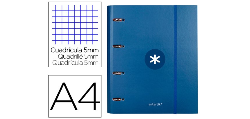 Carpeta con recambio antartik a4 cuadro 5mm forrada 4 anillas 40mm redondas con solapa color azul marino