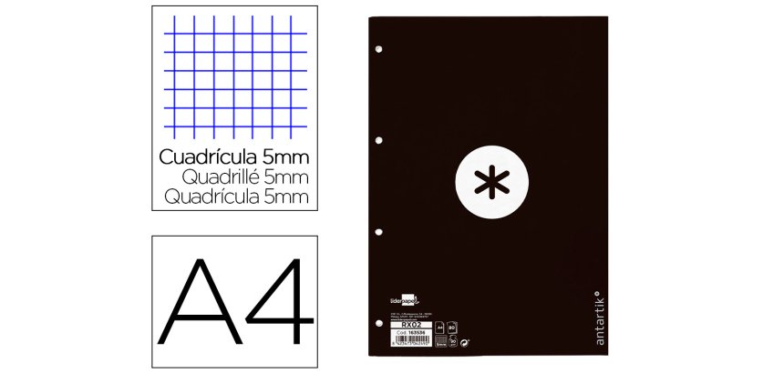 Recambio liderpapel A4 antartik 80 hojas 90g/m2 cuadro 5 mm 4 taladros 1 banda marco color negro