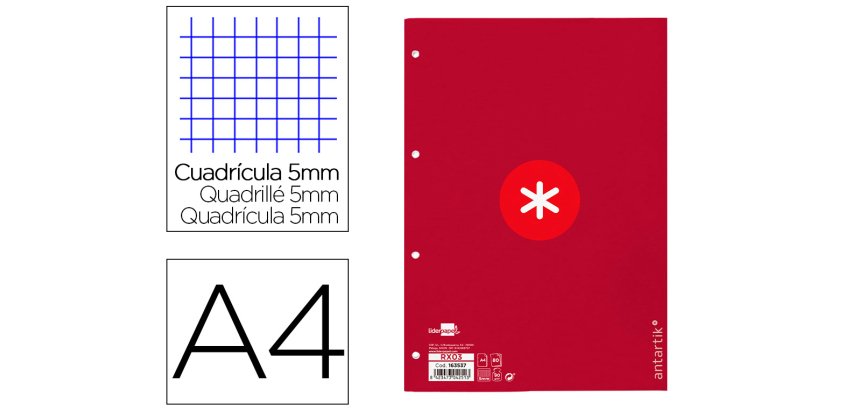 Recambio liderpapel A4 Antartik 80 hojas 90g/m2 cuadro 5 mm 4 taladros 1 banda marco color frambuesa
