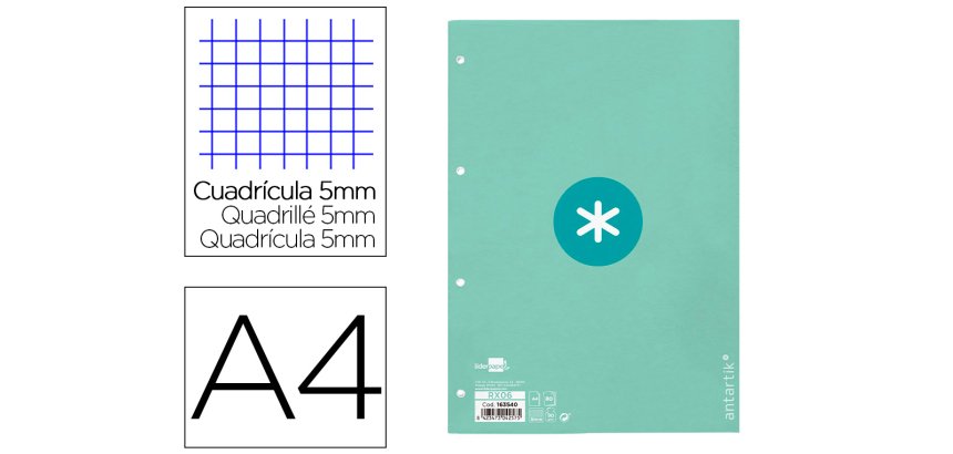 Recambio liderpapel A4 antartik 80 hojas 90g/m2 cuadro 5 mm 4 taladros 1 banda marco color menta