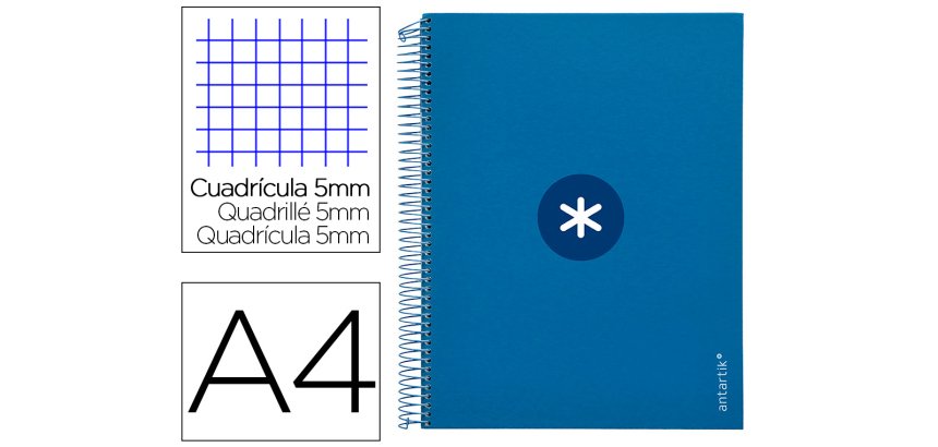 Cuaderno espiral a4 micro antartik tapa forrada 120h 90 gr cuadro 5mm 5 bandas 4 taladros color azul marino