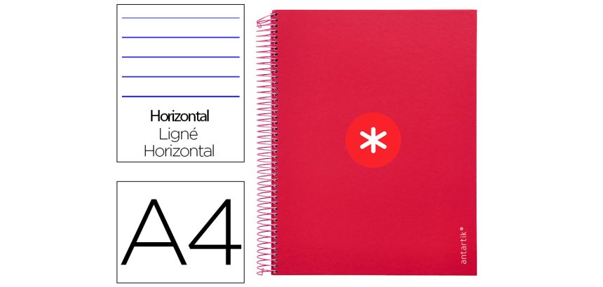 Cuaderno espiral a4 micro antartik tapa forrada 120h 90 gr horizontal 5 bandas 4 taladros color frambuesa