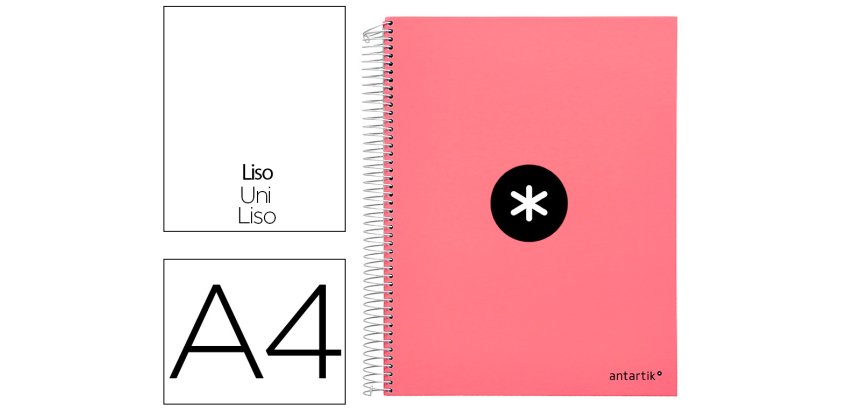 Cuaderno espiral a4 micro antartik tapa forrada 120h 90 gr liso 5 bandas 4 taladros color coral