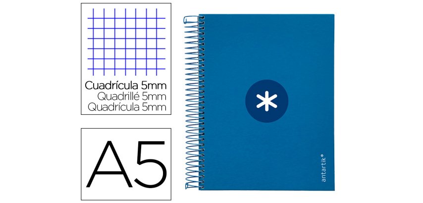 Cuaderno espiral a5 micro antartik tapa forrada120h 90 gr cuadro 5mm 5 bandas6 taladros color azul oscuro