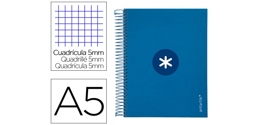 Cuaderno espiral a5 micro antartik tapa forrada120h 90 gr cuadro 5mm 5 bandas6 taladros color azul oscuro