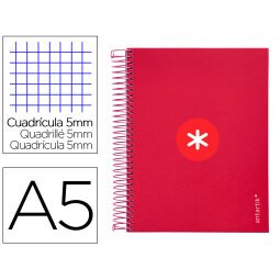 Cuaderno espiral a5 micro antartik tapa forrada120h 90 gr cuadro 5mm 5 bandas6 taladros color frambuesa