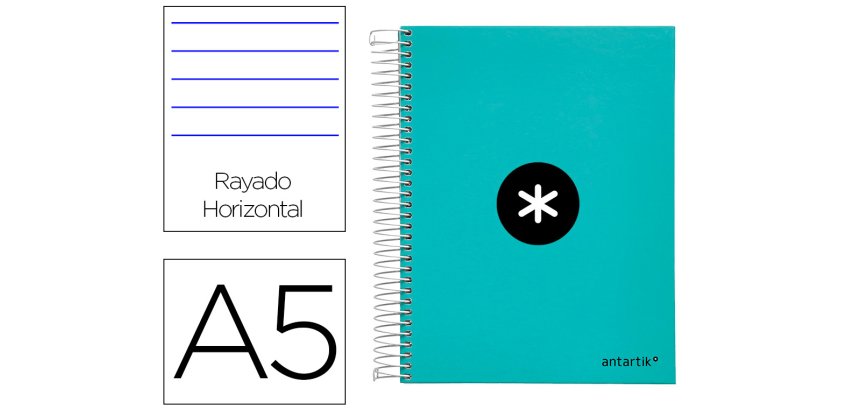 Cuaderno espiral a5 micro antartik tapa forrada120h 100 gr horizontal 5 banda6 taladros color menta