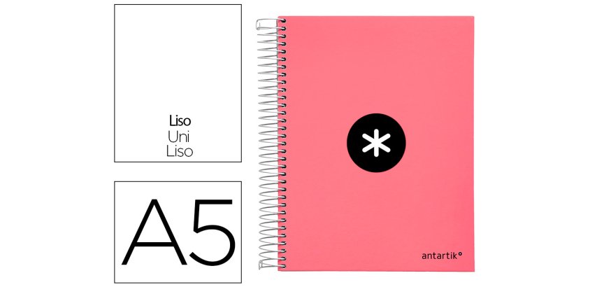 Cuaderno espiral a5 micro antartik tapa forrada120h 90 gr liso 5 bandas 6 taladros color coral