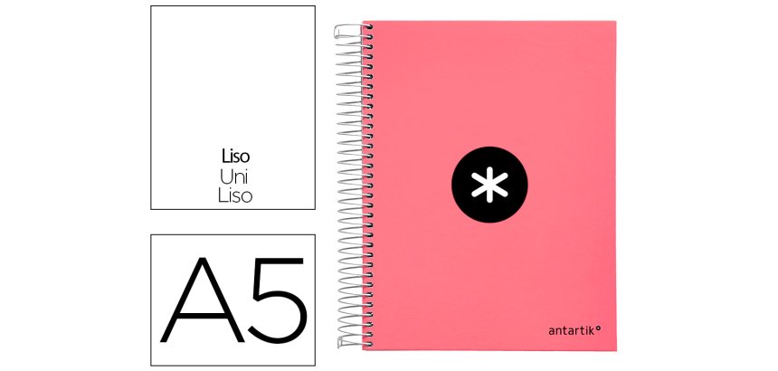 Cuaderno espiral a5 micro antartik tapa forrada120h 90 gr liso 5 bandas 6 taladros color coral