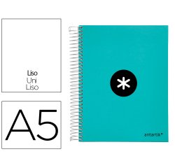 Cuaderno espiral a5 micro antartik tapa forrada120h 90 gr liso 5 bandas 6 taladros color menta