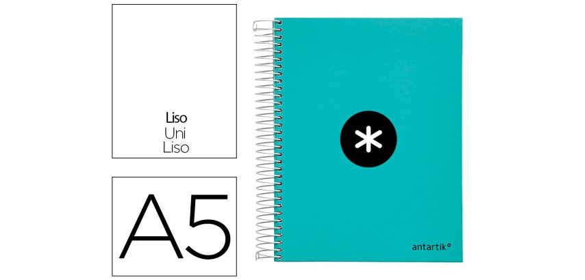 Cuaderno espiral a5 micro antartik tapa forrada120h 90 gr liso 5 bandas 6 taladros color menta