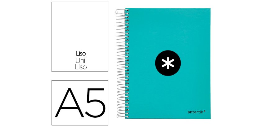 Cuaderno espiral a5 micro antartik tapa forrada120h 90 gr liso 5 bandas 6 taladros color menta