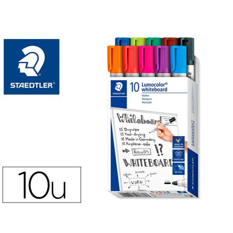 Rotulador staedtler lumocolor 351 para pizarra blanca punta redonda 2 mm recargable caja 10 unidades colores surtidos