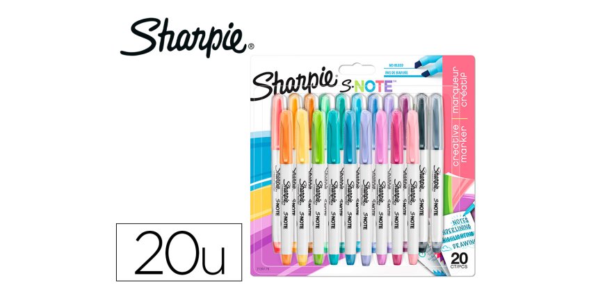 Rotulador sharpie permanente s-note punta biselada trazo 1,2 /3,87 mm blister 20 unidades colores surtidos