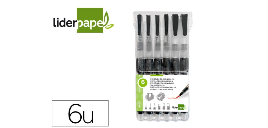 Pincel liderpapel recargable para productos acuarelables set de 6 unidades grosor puntas surtidas