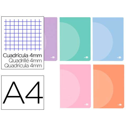 Libreta liderpapel 360 tapa de plastico a4 48 hojas 90g/m2 cuadro 4mm con margen colores pastel surtidos