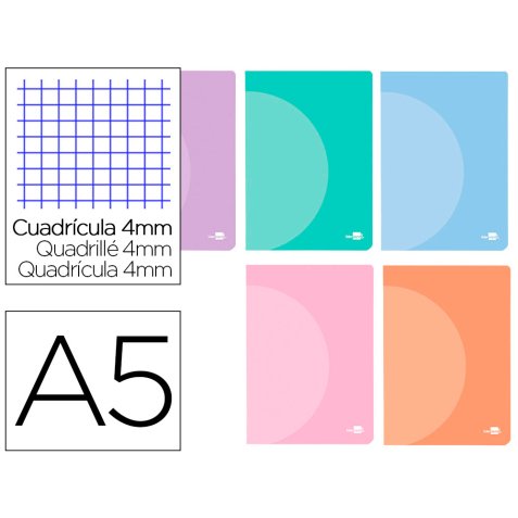 Libreta liderpapel 360 tapa de plastico a5 48 hojas 90g/m2 cuadro 4mm con margen colores pastel surtidos