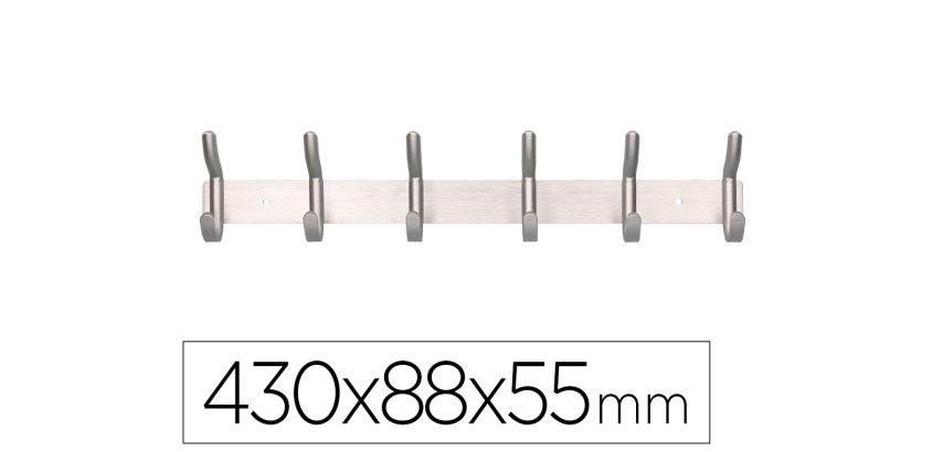 Perchero liderpapel pared metalico 6 colgadores color plata mate 430x88x55 mm